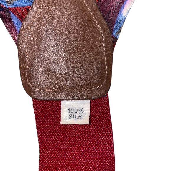 Vintage Y-Shaped 100% Silk Abstract Print Adjustable Suspenders Burgundy Blue - Picture 3 of 4
